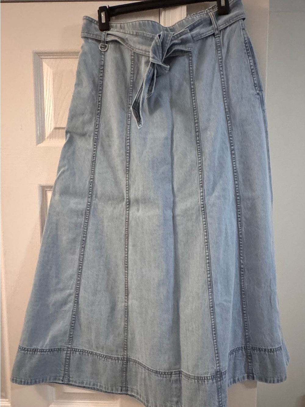 Loft, Light Blue Denim Midi Skirt with Waist Tie